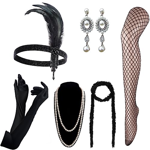 DRESHOW 1920s Accesorios Set Años 20 Fiesta Disfraz Gran Gatsby Diadema Collar Guantes Pendientes para Mujeres