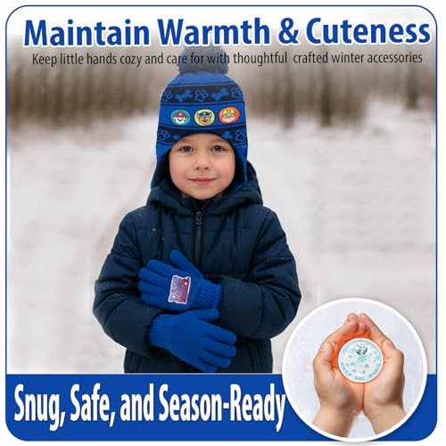 Image of Nickelodeon Paw Patrol Boy's Winter Hat and 2 Pair of Gloves or Mittens Set (Toddler /Little Boys) Size Age 4-7, Paw Patrol Navy Blue Glove with Handwarmers
