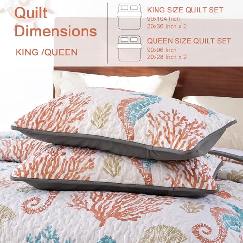 Djoymock Coastal Quilt Set Queen Size, 3 Pcs Summer Orange Beach Theme Bedding Set with Pillowcases Reversible Microfiber Ocean Comforter Set Nautical Lightweight Bedspread Coverlet Set for All Season - Image 7