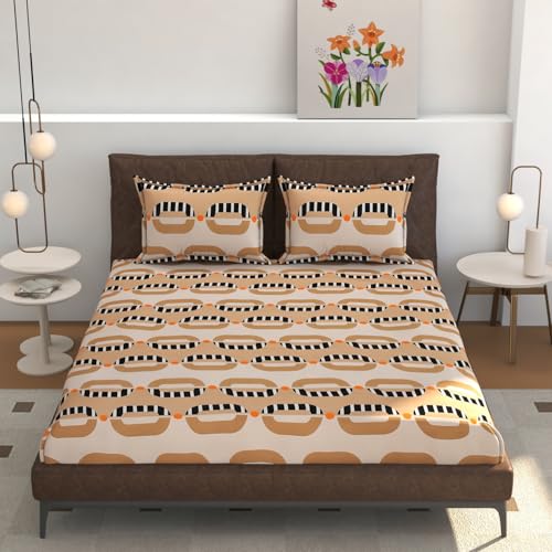 Image of Castiqa Elastic Fitted Supersoft Premium Polycotton 200TC Super King Size 108x108Inch Jointless Bedsheet with 2 Pillow Covers (Circles, Super King 108x108inch (12 inch Mattress))