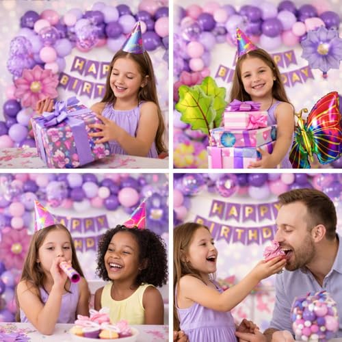 Image of Set of 56 Pcs Butterfly Theme Birthday Decoration Kit with Purple Happy Birthday Paper Banner, Pastel & Confetti Balloons, Butterfly, Flower & Leaf Foil Balloons, Party Decoration Set