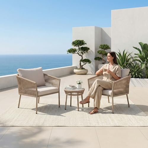 Image of OUTLIVING Braid & Rope Garden Patio Seating Chair and Table Set Outdoor Balcony Garden Coffee Table Set Furniture with 1 Table and 2 Chairs Set with Cushion (Beige and White), 61 cm, 81.3 cm
