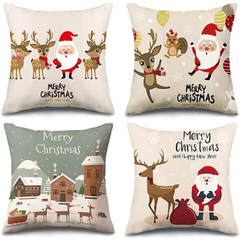 WINAROI Cushion Cover Christmas, Christmas Cushion Cover Pack of 4 Home Decoration Linen Print Cushion Covers, Cushion Cover Christmas, Couch Living Room Cushion Cover 45 x 45 cm (C) Cover