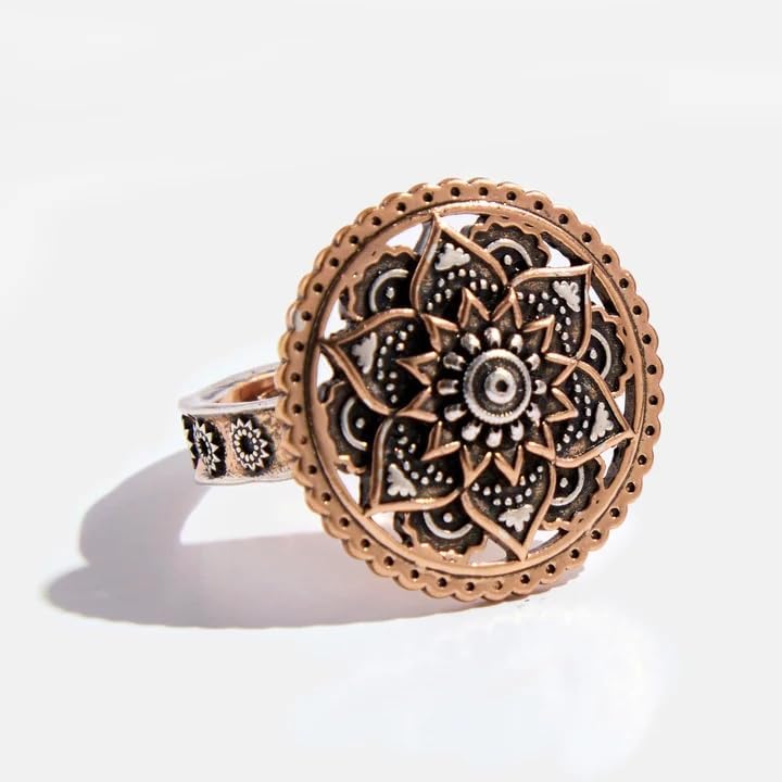 Katia Designs Badass Lotus Inspire Adjustable Ring – Boho Statement Cocktail Ring for Women – Two-Tone Gold & Silver Lotus Mandala – Inner “BADASS” Affirmation – Nickel-Free, Lead-Free, Adjustable Fit