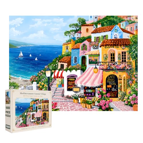 Rompecabezas de 1000 piezas para adultos, pueblo costero acogedor, ilustración colorida de ciudad costera, 27,5 x 19,7 pulgadas miniatura 1