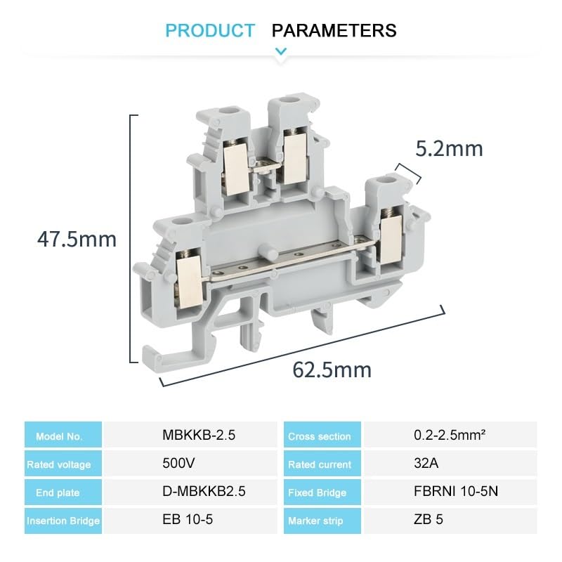 10 MBKKB-2.5 Screw Double-Deck DIN Rail Terminal Blocks, 2.5 mm² Wire Connector, Straight 2-Deck MBKKB2.5(MBKKB2.5-Gray)