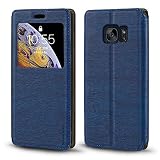 Samsung Galaxy S7 Coque, Luxe Bois Grain Cuir Etui avec Carte Fentes de Notification Fenêtre de Protection Magnétique Flip Cover pour Samsung Galaxy S7 (Bleu)