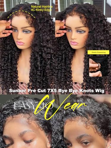 Image of Sunber Water Wave Human Hair Glueless Wigs with 4C Kinky Edge Drawstring Bye Bye Knots Human Hair Wig Pre Cut 7x5 HD Lace Put On Go Pre Plucked Pre Bleached Invisible Knots 22Inch