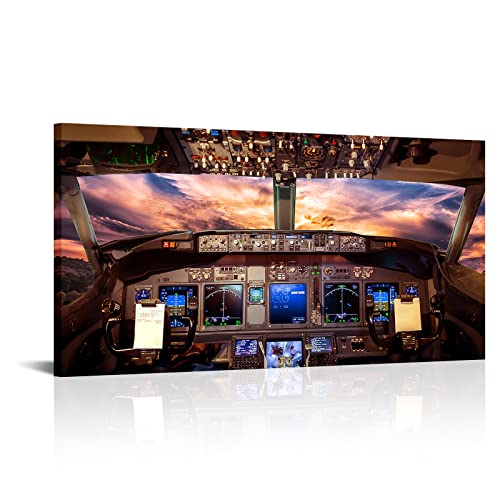 NutArtPic Large Airplane Cockpit Wall Art Plane Painting Aviation Art Canvas Aircraft Interior Sunny SKy Picture Prints Airplane Artwork for Home Living Room Bedroom Office Decor 20"x40"