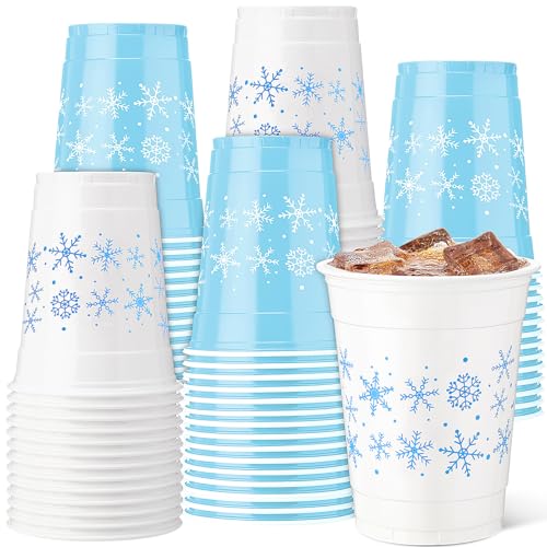 Vesici 100 Pcs 12 oz Snowflake Disposable Plastic Cups Snowflake Drinking Cups Blue and White Winter Party Supplies for Winter Holiday Christmas