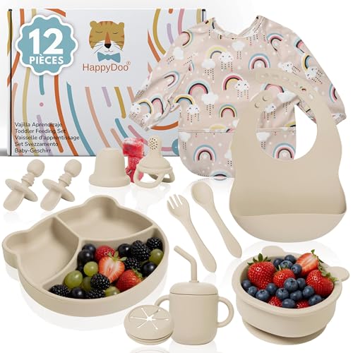 HappyDoo Coffret Repas Bébé Silicone 12 Pièces | Assiette à Ventouse + Bol + Tasse 3 en 1 + Couverts + Bavoirs Imperméables + Tétine Grignoteuse | Sans...