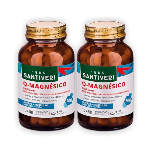 SANTIVERI - Q-Magnésico, Complemento Alimenticio con Magnesio Bisciglinato, Ayuda a Disminuir el Cansancio y Contribuye al Normal Estado de Músculos, Huesos y Sistema Nervioso - 2 x 88 Comprimidos