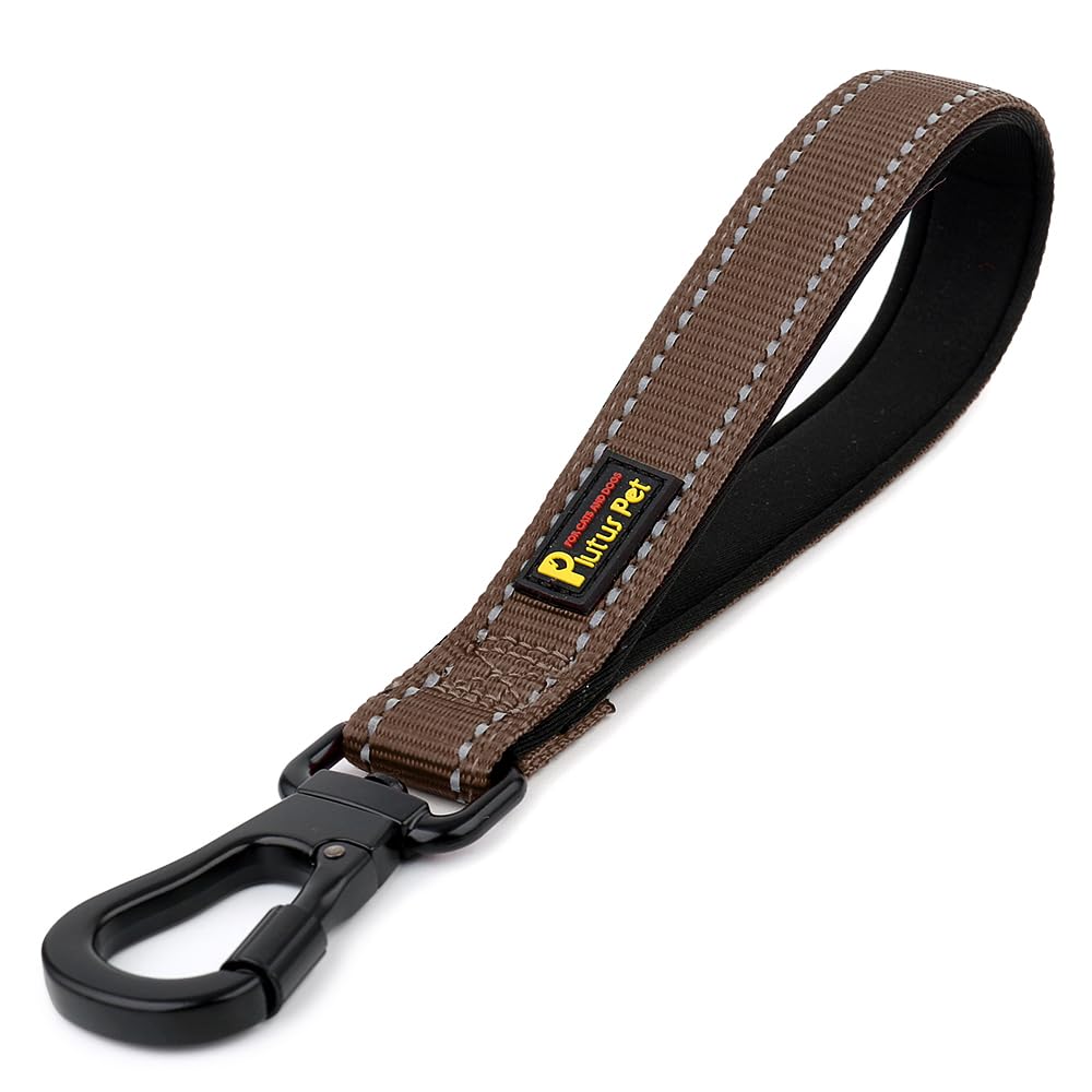 PLUTUS PET Short Dog Leash, Reflective Nylon Padded Handle, Strong Traffic Leash with Carabiner Clip, Perfect for Large or Medium Dogs (10”，Chocolate)