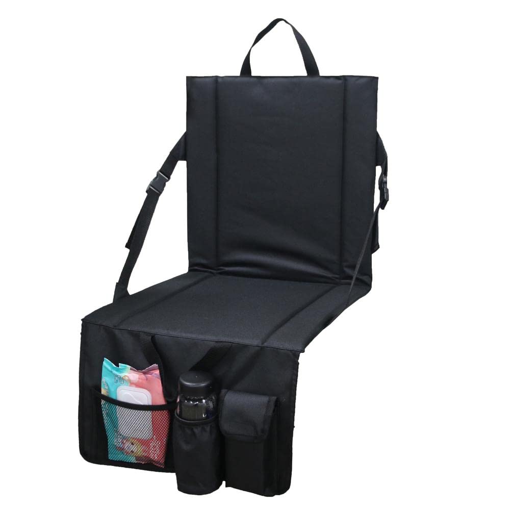 Folding Stadium Seat Camping Back Support Cushion Seat with Storage Bag Cup Holder Portable Outdoor proof Bleacher Seat (black)