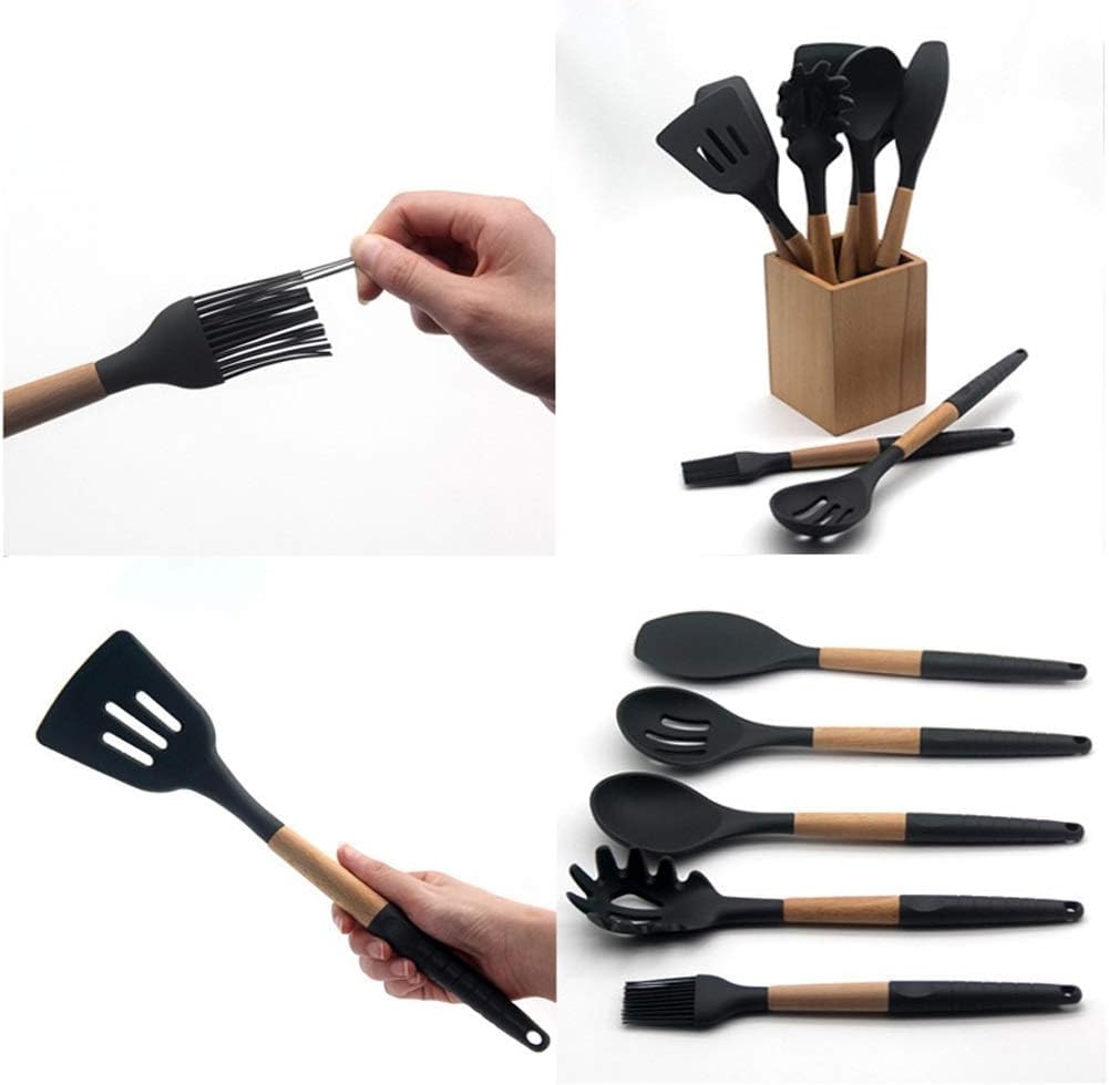 Utensilien-Set, Küchenutensilien-Set mit Silikon-Kochutensilien – 9 Küchenutensilien-Set aus natürlichem Holz aus Silikon – Silikon-Utensilien-Set, Spatel-Set – Silikon-Utensilien, Kochutensilien