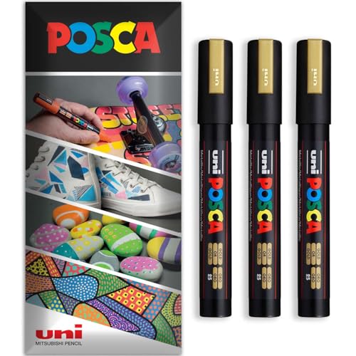 Posca - Rotulador permanente a base de agua, multiuso en superficies, PC-5M, paquete de 3 bolígrafos en cartera (dorado)