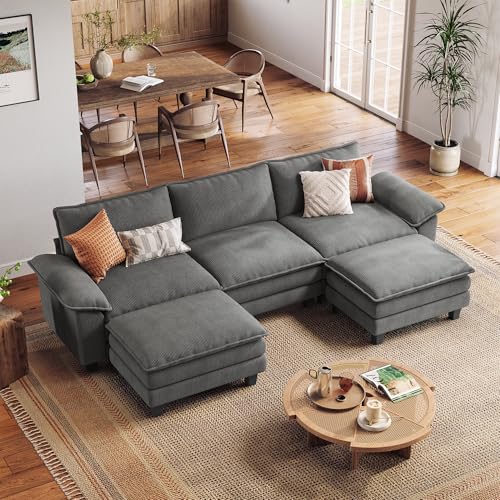 LINSY HOME 123'' Modular Sectional Sofa Green Couch Corduroy Cloud