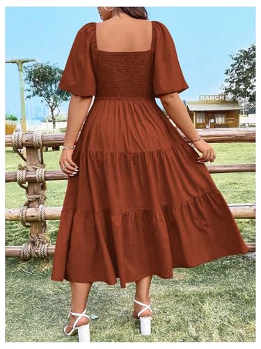 Women's Plus Size Ruffle Flowy Dress Summer Boho Square Neck Ruched Milkmaid Dress Tie Front A Line Maxi Sundress2