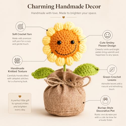 Image of Handmade Crochet Sunflower in Jute Bag 16 cm, Mini Artificial Crochet Flower Pot with Smiley Face, Cute Desk Decor for Home, Office Table, Shelf, Birthday, Friendship & Thank You Gift