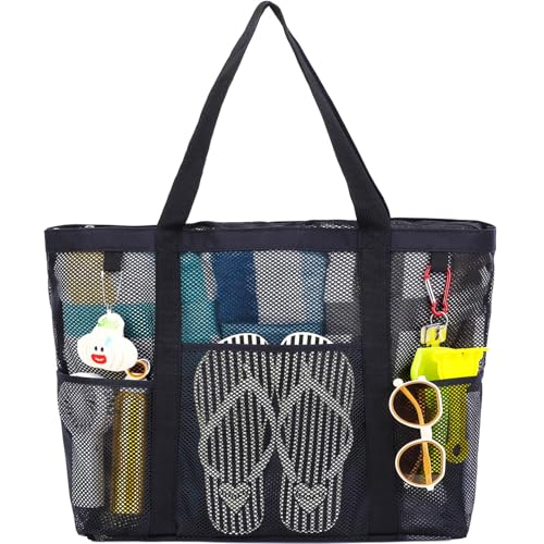 Fammart Mesh Beach Bag with Zipper, Large Beach Tote for Women, Toys Pool Swim Bag Travel Vacation Cruise Essentials, Large, Zipper Closure - Black