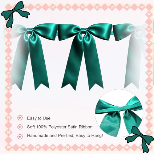 Image of 2 Strings of 16PCS Dark Green Bow Garlands Banner Decoration,Pre-Strung Satin Ribbon Ornaments for Birthday,Bachelorette Party,Bridal Shower,Wedding,Engagement,Baby Shower,Graduation Decor,Anniversary