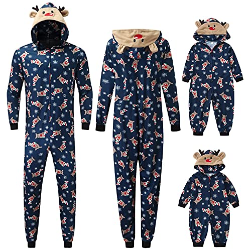 Matching Family Christmas Pajamas Set Reindeer Jumpsuit Romper Christmas PJs One Piece Hooded Sleepwear Xmas Loungewear Navy