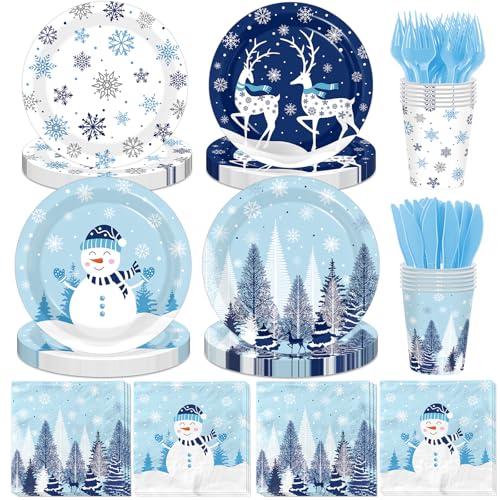 Christmas Paper Plates and Napkins,144pcs Winter Wonderland Plate and Napkins Dinnerware Snowman Snowflake Xmas Tree Christmas Plates Set for Winter Theme christmas Holiday