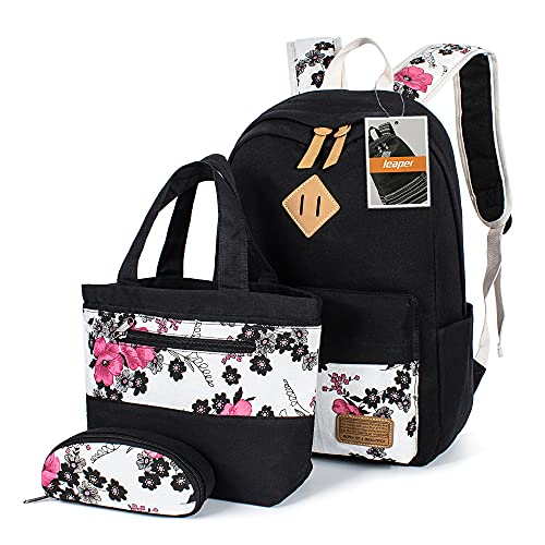 Leaper Floral Backpacks Teen Backpacks School Bags Bookbags Set 3 in 1 Black