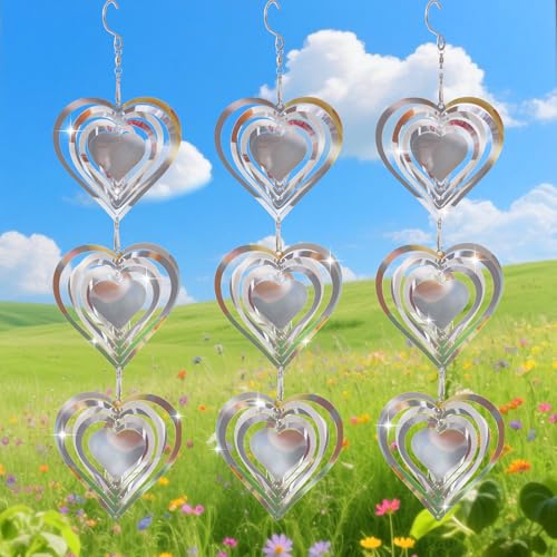 Metal Heart Bird Scare Discs Reflective Wind Spinners Shinny Double-Sided Bird Reflectors Outdoor Reflective Bird Devices Deterrents to Scare Birds Away from Porch Garden Yard Patio Farm