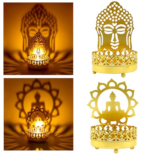 Metal Buddha Shadow Candle Holder - Buddha Head & Meditation Sitting Buddha Shapes Diya Spiritual Decor Tranquil Ambiance Zen Gifts T-Light Holder Yoga Studio Zen Room Altar Decor
