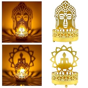 Metal Buddha Shadow Candle Holder – Buddha Head & Meditation Sitting Buddha Shapes Diya Spiritual Decor Tranquil Ambiance Zen Gifts T-Light Holder Yoga Studio Zen Room Altar Decor