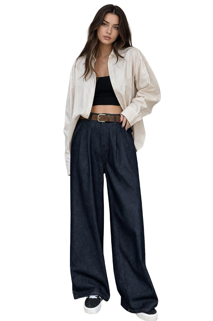 Women Wide Leg Jeans | High Rise Baggy Denim Pants | Front Pleated Loose Fit Trousers | Dark Blue Casual Streetwear Jeans for Women