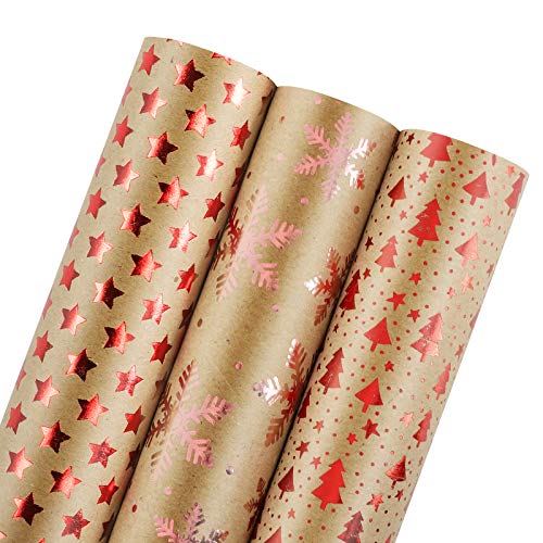 TopSelect Gift Wrapping Paper Roll - Long Premium Printed Design Birthday Christmas Holiday Wedding, Gift Wrap - 3 Rolls - 28 inch X 79 inch Per Roll (Gold Red)