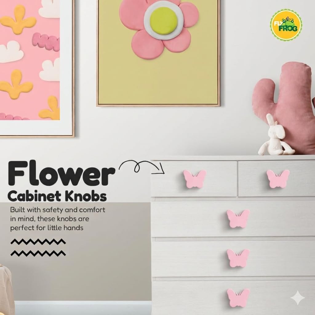 FLY FROG Light Pink Butterfly Wooden Cabinet Knobs for Kids Pack of 2 2