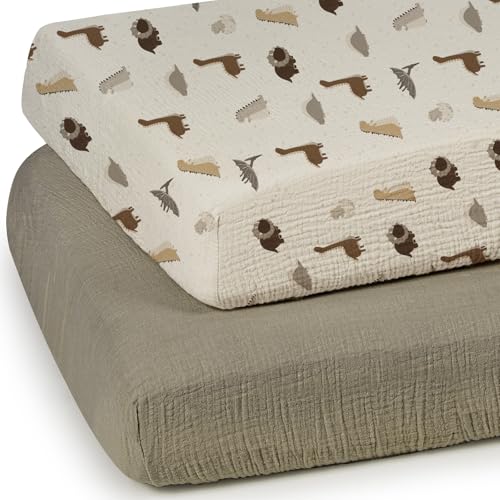 Image of lulumoon Baby Muslin Crib Sheets - Toddler Cotton Fitted Crib Sheets Neutral for Boys and Girls 2Pack (Olive Dinosaurs, Crib)