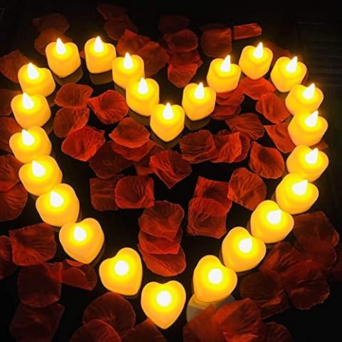 DUOQIAN 1000 Pieces Artificial Red Rose Petals with 24 Pieces Heart Romantic Flameless LED Tea Light Candles for Special Night, Love Candle for Valentine's Day, Anniversary Decorations, Party Decor Cover