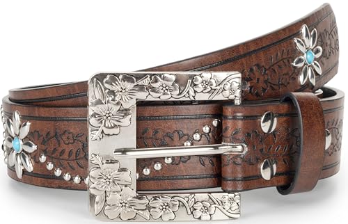Image of Western-Leather-Belts-Women Vintage Waist-Belts with Hollow Out Flower