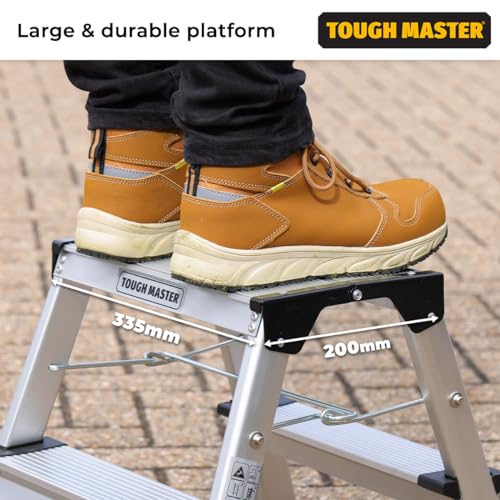 Trittleiter mit 2 Stufen, doppelseitig, zusammenklappbar, 20 x 33,5 cm, robuste Aluminiumplattform, 150 kg Kapazität, Mehrzweck-Heimwerker, für drinnen und draußen TOUGH MASTER