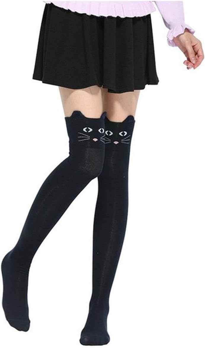 Wander G Women Cute Over Knee Socks Cotton Cartoon Animal Cat Bear Socks Thigh High Stockings Socks (Navy Cat)