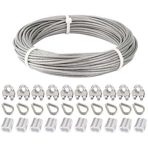 1/8’’ Stainless Steel Wire Rope Kit, 82ft Trellis Wire, Clothesline with 10pcs Loop Sleeves, 10pcs Thimbles, and 10pcs Cable Clamps for Railing, Outdoor, Crafts Cover