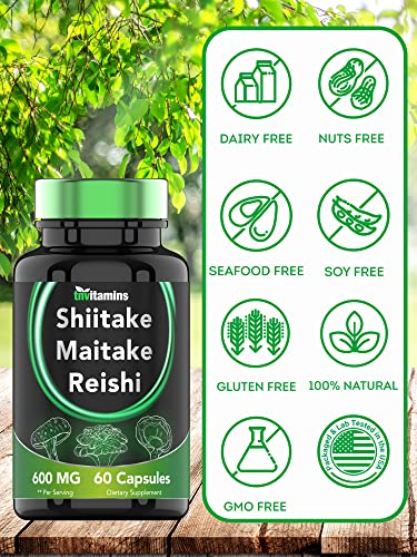 Reishi, Maitake, & Shiitake Mushroom Complex Supplement (60 Capsules X 600 Mg) | Natural Beta Glucan Supplement | Powerful Mushroom Powder Extract | Non-Gmo | Gluten, Nut, & Dairy-Free | By Tnvitamins #TOP4