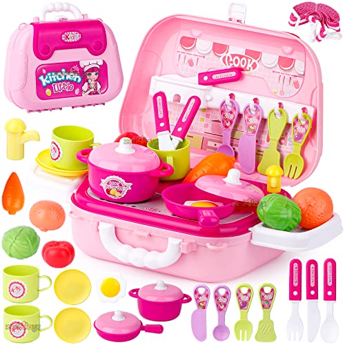 Image of Zest 4 Toyz Plastic Kitchen Set for Kids Girls Pretend Play Toys Portable Suitcase Cooking Set Early Educational Toys Kitchen Set 27 Pieces