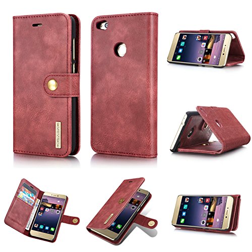 KaiTelin P8 Lite(2017) Funda - Magnética Desmontable 2 en 1 Funda de Protección Delgada Combinada con Ranura para Tarjeta y Soporte Plegable para Huawei P8 Lite(2017) - Rojo