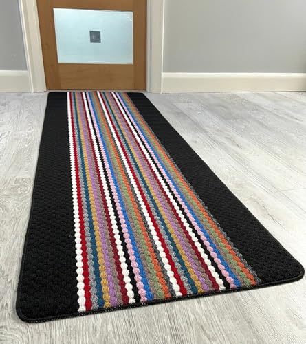 Image of RUGS SUPERSTORE Multi-Stripe Non-Slip Runner Rug, Black with Colourful Stripes, Washable, Rubber Back, Indoor Utility Mat (80x150cm)