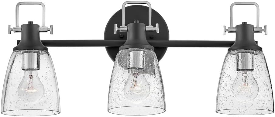 Hinkley Easton Three Light Bath Vanity Fixture, Modern Industrial, Clear Seedy Glass Shade, Mounts Up or Down, Black and Chrome