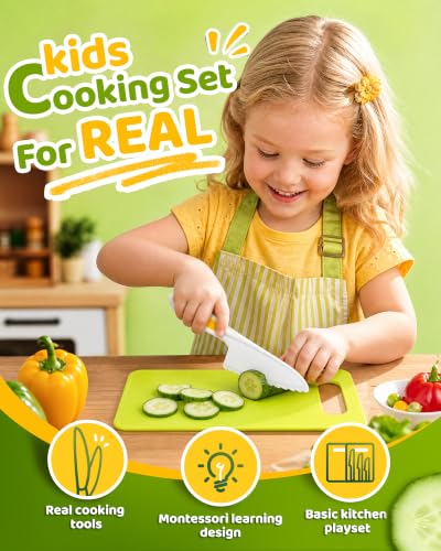 Image of Yeeammk Kids Knife Set for Real Cooking, 5 Pcs Kid Safe Plastic Kitchen Knife Set with 3 Knives and 2 Cutting Boards, Montessori Cooking Set for Kids