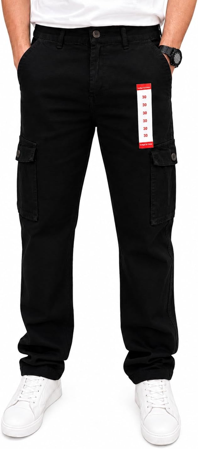 INDIGO & CHINO Men's Cargo Long Pants (in, Numeric, 28, Regular, Black)