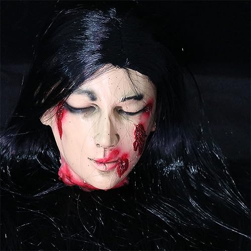 Halloween Severed Head Prop Horror Cut Off Head Decoration Life-Size Realistic Corpse Head Props Hanging Severed Women Head for Outdoor Indoor Haunted Houses Halloween Scary Dead Body Part