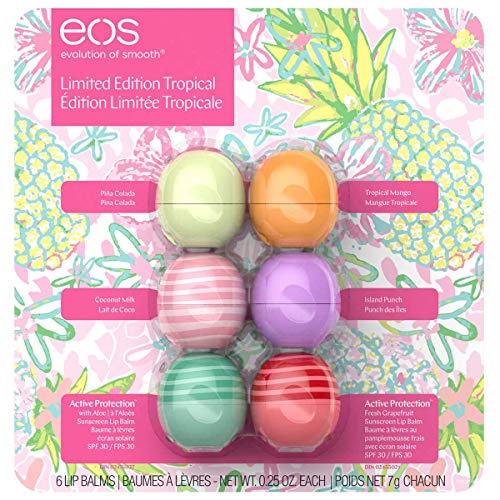 EOS 6 CT Variety Pack, Limited Edition Lip Balm Spheres, Variety Pack 6 Count - Pina Colada, Tropical Mango, Coconut Milk, Island Punch, Aloe (SPF 30) & Fresh Grapefruit (SPF 30) - Active Care