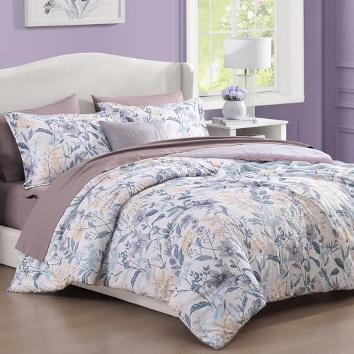 CASAAGUSTO Full Comforter Set, 7 Pieces Bed in a Bags Bed in a Bag Full Purple Iris Floral Comforter Set with Flowers Leaves Pattern, Soft Seersucker Design All Season Full Size Bedding Set by CASAAGUSTO - Image 5